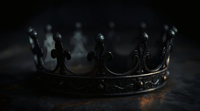 Dark, ornate crown resting on a textured surface with subtle lighting