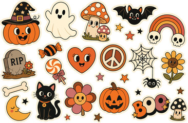Fototapeta premium Retro Halloween Sticker Set Featuring Cute Pumpkin Ghosts And Vintage Groovy Elements For Fall Decor