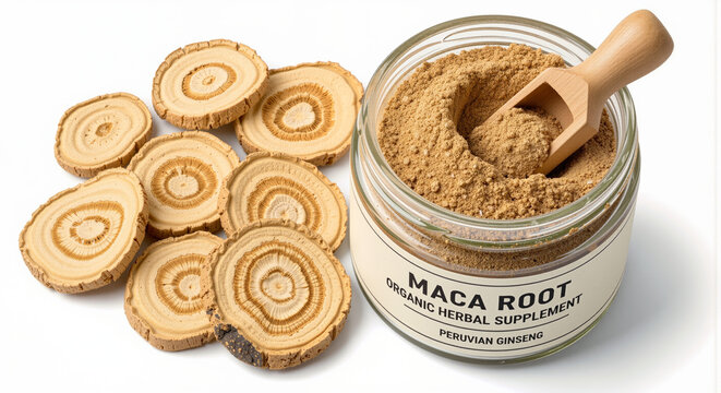 Maca root powder supplement in a glass jar with wooden spoon and sliced maca roots healthy food ingredient for energy and nutrition
