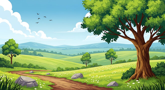 Idyllic green landscape with a dirt path winding through grassy hills and trees landscape countryside mountain environment