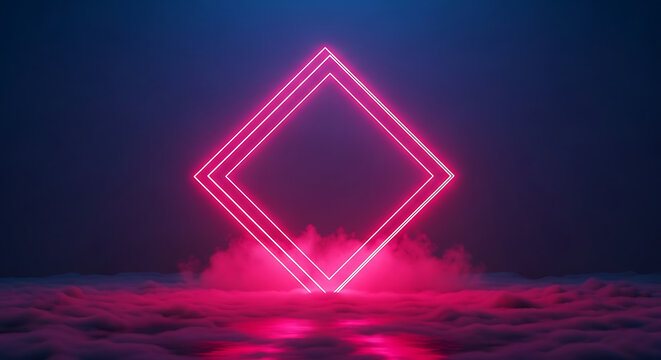 Glowing pink neon rhombus frame floating above clouds in dark atmosphere with abstract background geometric ethereal mystical artistic futuristic