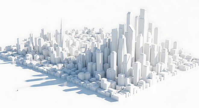Minimalist isometric 3D cityscape model in white clay render with buildings architecture isometric metropolis structures development realestate cityscape minimalist geometric perspective