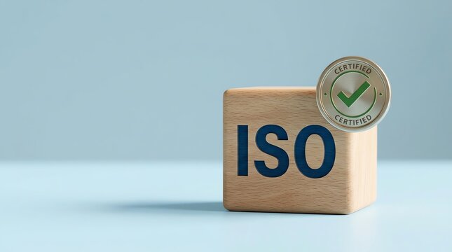 Wooden block with ISO certification symbol representing quality management standards and industrial compliance