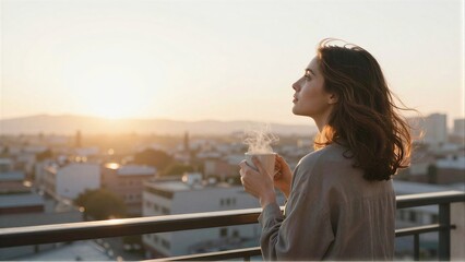 Fototapeta premium Woman sips hot drink, gazes at sunset over city skyline from balcony.