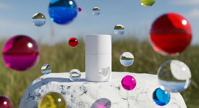 White cylindrical product container on white stone with colorful glass spheres container minimalist packaging reflection floating cosmetic branding presentation background outdoors creative