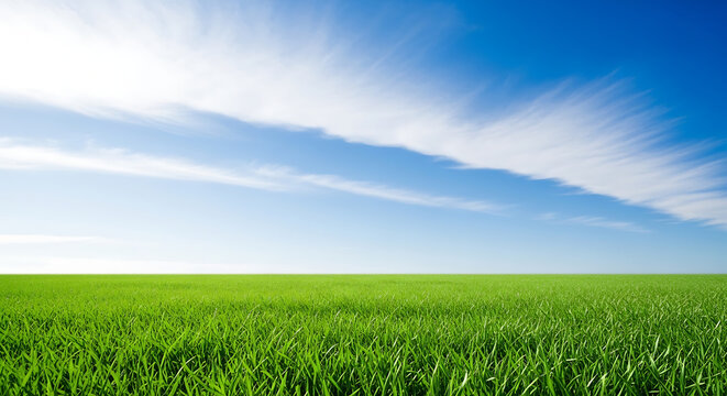 Green wheat field under a bright blue sky with landscape agriculture sunlight countryside environment