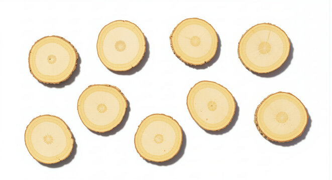 Seven slices of fresh ginger root arranged in a neat pattern on a plain surface for culinary or health purposes.