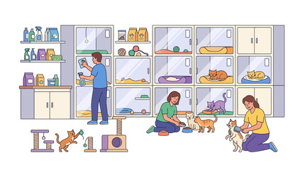 Fototapeta premium People caring for cats in modern pet shelter vector illustration