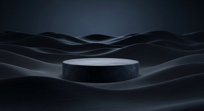 Blank product display pedestal on dark wavy fabric background with pedestal abstract minimalist platform presentation marketing background geometric exhibition
