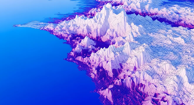 Aerial view of abstract ethereal landscape with jagged peaks and blue water landscape abstract mountain ethereal formations topography environment artistic dramatic