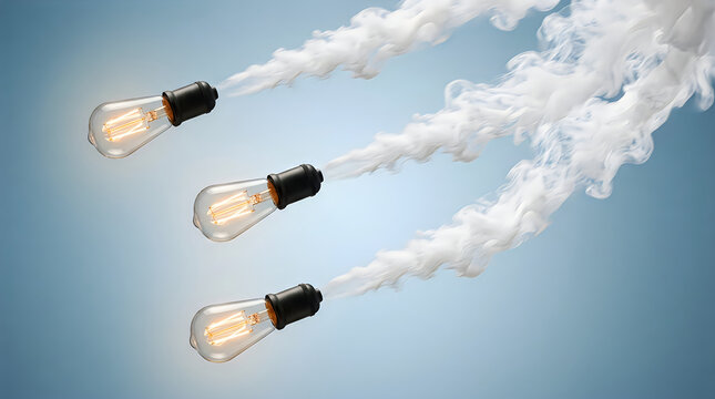 Three vintage edison bulbs emitting trails of white smoke against blue background