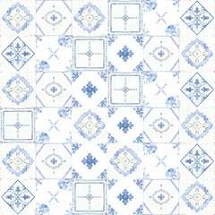 Fotobehang Portugal keramische tegels Watercolor seamless pattern inspired by Portuguese azulejo and Mediterranean ceramics. Hand painted geometric illustration for fabric, wallpaper, kitchen textiles and coastal interiors. Blue tiles  © Evgeniia