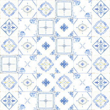 Watercolor seamless pattern inspired by Portuguese azulejo and Mediterranean ceramics. Hand painted geometric illustration for fabric, wallpaper, kitchen textiles and coastal interiors. Blue tiles
