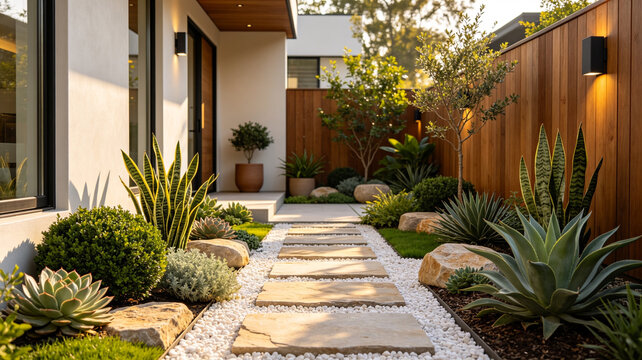 Modern backyard with flagstone path on white pebbles, lush succulents, and desert plants against a wooden fence under warm golden light.