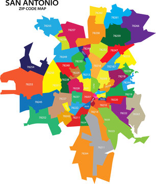 Colorful Zip Code Map of San Antonio Texas Showing Regional Districts and Zones