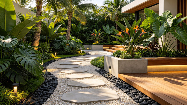 A luxurious modern tropical garden featuring a stone path, wooden deck, bird of paradise flowers, and lush green plants with elegant lighting.