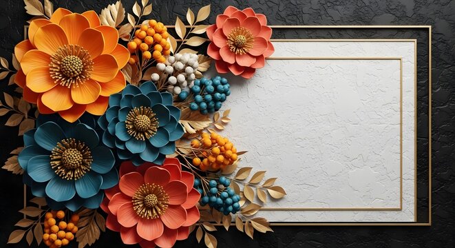 Vibrant Floral Bouquet Arrangement in Empty Picture Frame on Textured Background
