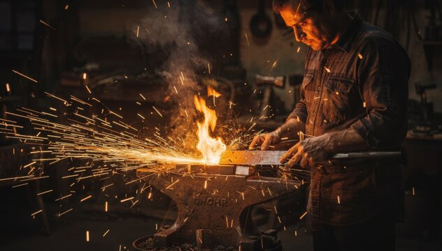 Medium shot of a craftsman heating tool steel billets in a forge preparing to shape a bench chisel with glowing intense orange sparks flying.