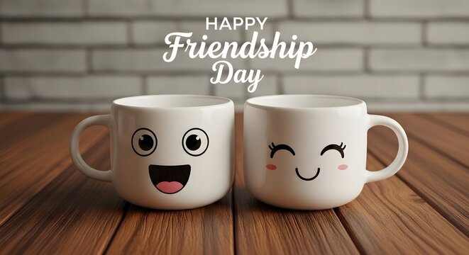 Two smiling cartoon mugs on wooden table with friendship message in soft natural light