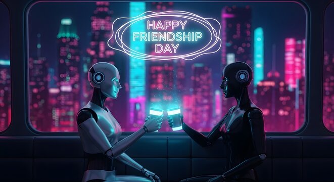 Two People Celebrating with Neon Happy Birthday Sign in Night Cityscape Background