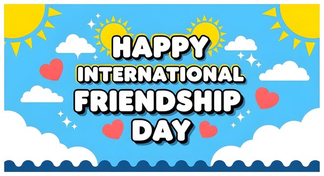 Colorful International Friendship Day Celebration Banner with Hearts and Clouds Background
