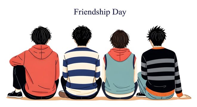 Group of Friends Sitting Back to Back on Sunny Day with Casual Clothing and Smiles