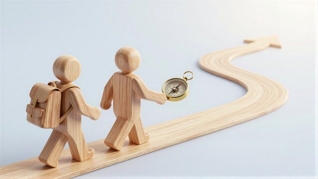 Wooden figures walk a winding path, one holding a compass for direction.