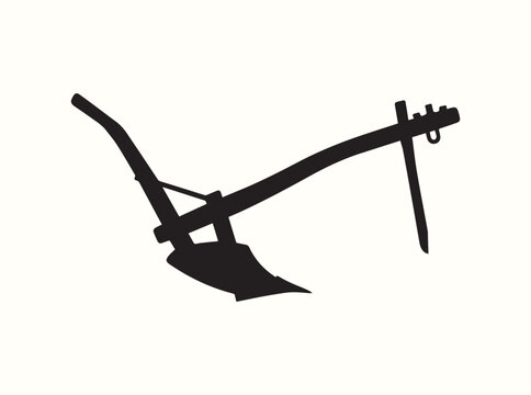 Minimalist black graphic of a rustic farming plow digging into soil