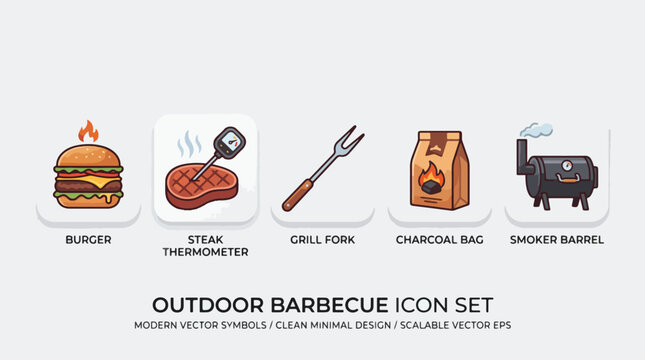 Colorful vector icon set featuring essential outdoor barbecue equipment including a burger steak thermometer grill fork charcoal and smoker barrel