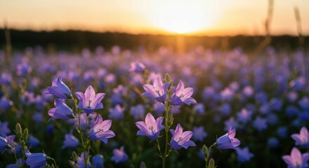 Obraz premium Field of purple bell flowers basks in golden sunset glow, soft focus