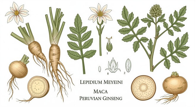 Lepidium meyenii Maca plant with roots leaves flowers and seed also known as Peruvian ginseng used for nutritional and medicinal purposes healthy food herbal supplement.