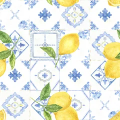 Fotobehang Portugal keramische tegels Watercolor seamless pattern inspired by Portuguese azulejo and Mediterranean ceramics. Hand painted geometric illustration for fabric, wallpaper, kitchen textiles and coastal interiors.  © Evgeniia