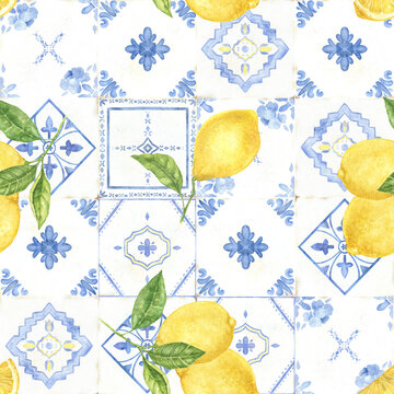 Watercolor seamless pattern inspired by Portuguese azulejo and Mediterranean ceramics. Hand painted geometric illustration for fabric, wallpaper, kitchen textiles and coastal interiors.