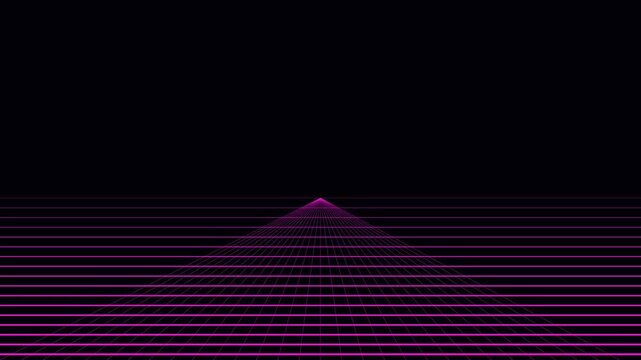 Retro synthwave neon grid perspective loop, 80s cyberpunk digital horizon animation 4k background