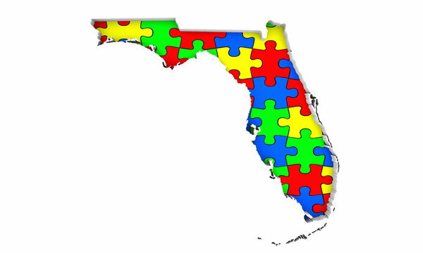 Florida FL State Map Autism Puzzle Pieces Awareness Autistic Symbol Spectrum 3d Illustration