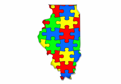 Illinois IL State Map Autism Puzzle Pieces Awareness Autistic Symbol Spectrum 3d Illustration