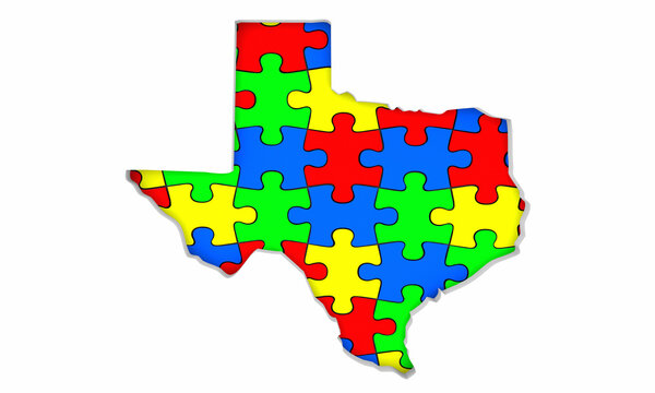 Texas TX State Map Autism Puzzle Pieces Awareness Autistic Symbol Spectrum 3d Illustration