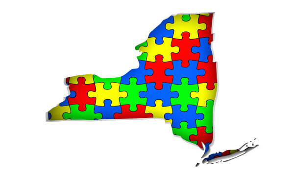 New York NY State Map Autism Puzzle Pieces Awareness Autistic Symbol Spectrum 3d Illustration