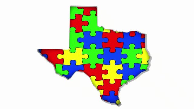 Texas TX State Map Autism Puzzle Pieces Awareness Autistic Symbol Spectrum 3d Animation