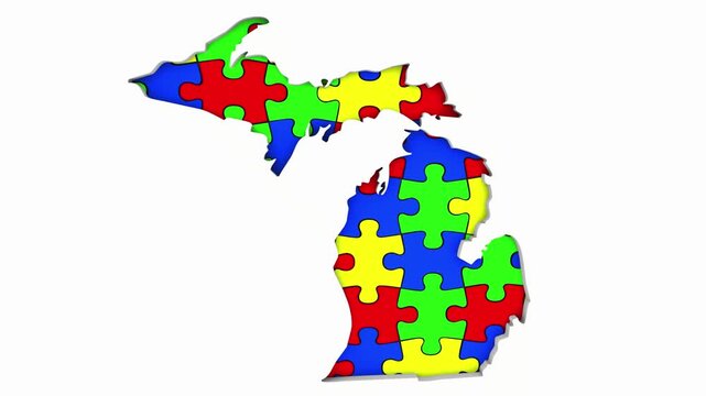 Michigan MI State Map Autism Puzzle Pieces Awareness Autistic Symbol Spectrum 3d Animation