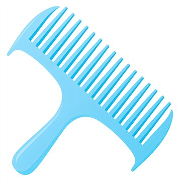 A light blue wide-tooth comb with a curved handle