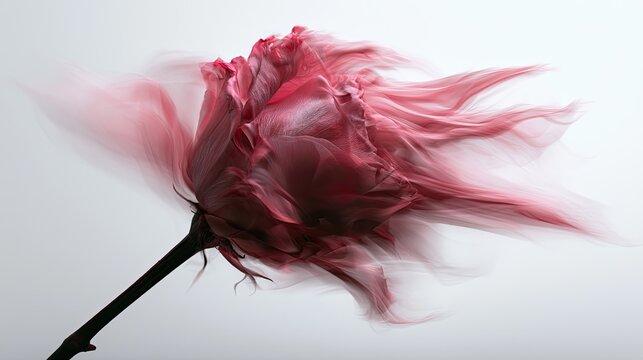Abstract motion blurred pink rose petals in dynamic bloom against a light background