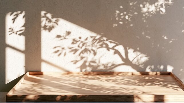 Sunlit wooden tray with dappled tree shadow patterns cast on wall