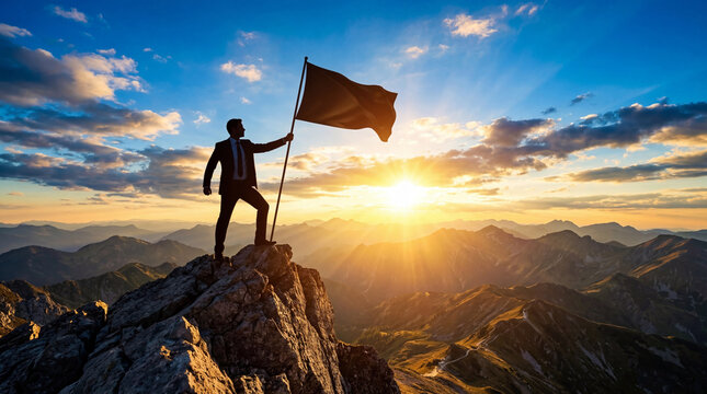 Businessman silhouette holding flag on mountain peak at sunrise