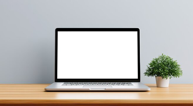Sleek open silver laptop with blank screen on wood desk, beside potted plant