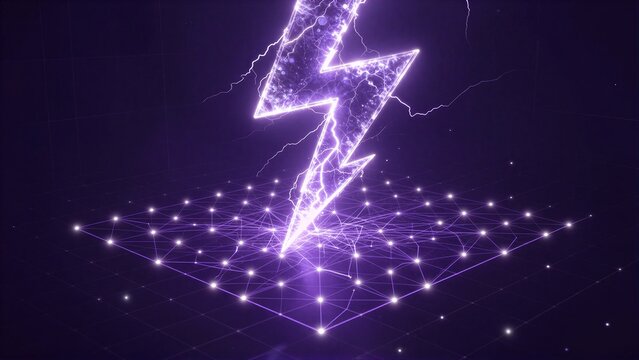 Purple lightning strikes glowing network grid, futuristic digital energy burst.