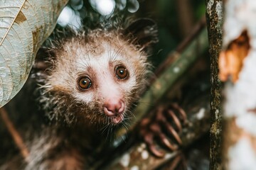 Fototapeta premium Aye-aye lemur with wide eyes and coarse fur gripping a tree branch, showing its rare features and eerie nocturnal gaze for wildlife education