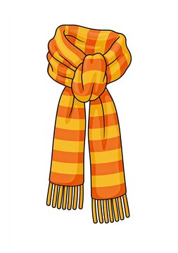 Knotted striped scarf with fringe, warm orange and yellow colors