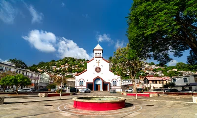 The white facade of Saint Anthony of Padua Catholic Church in Fort-de-France, Martinique with colorful hillside houses in the background under a blue sky. © Leonid Andronov