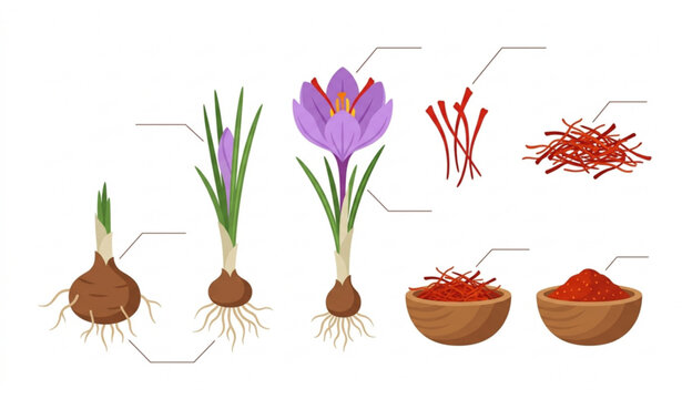 Crocus sativus life cycle vector illustration with flower bulb growth and saffron spice